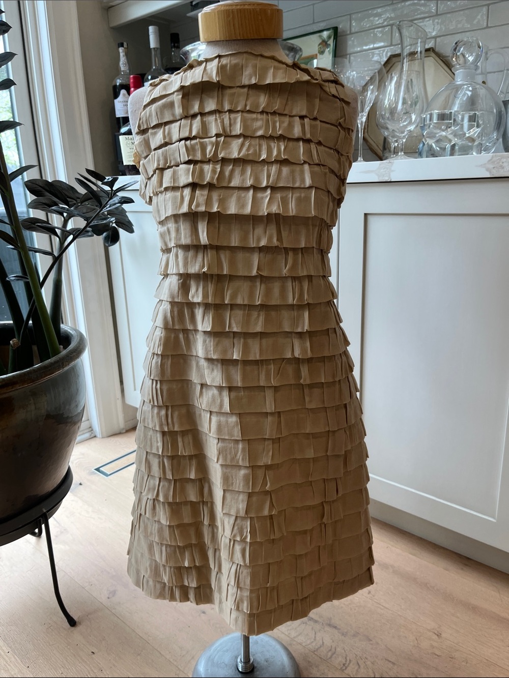 Piazza Sempione Tiered Ruffle Sleeveless Dress in cotton silk poly blend Tan
